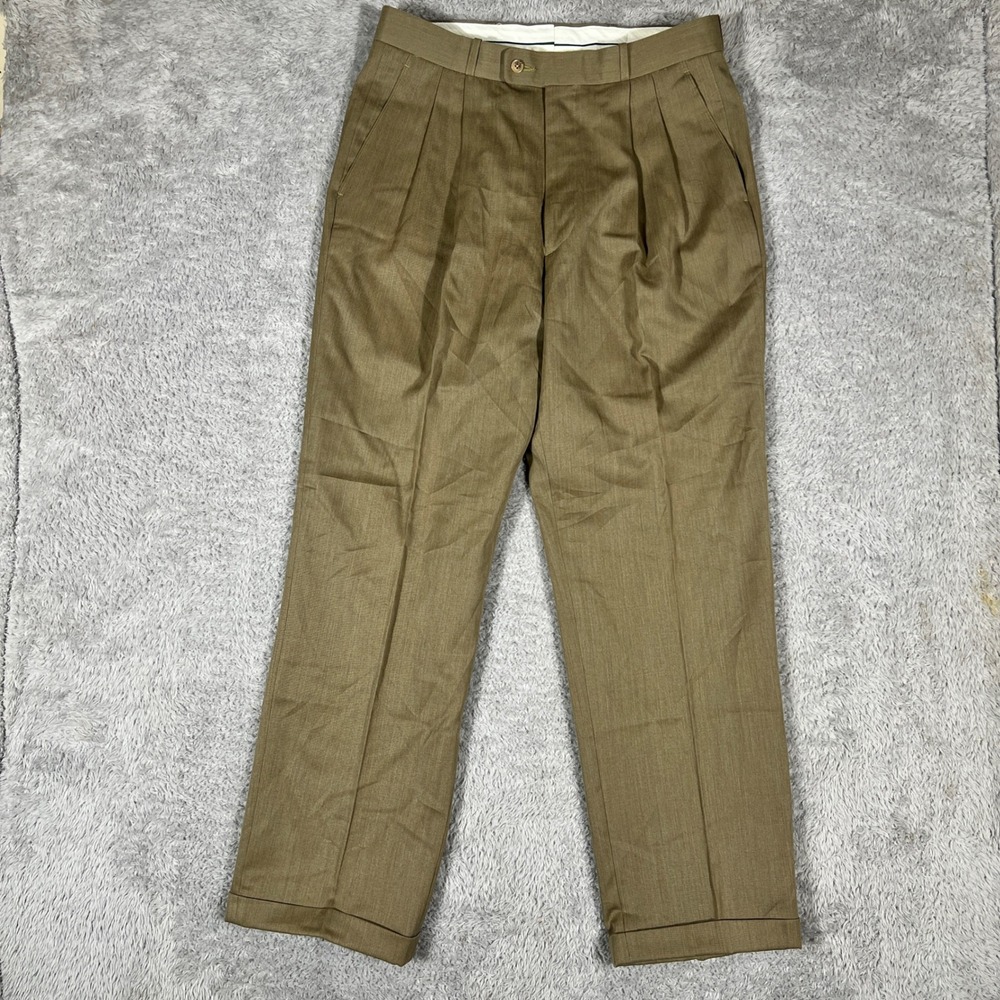 Gary Peters Dress Pants Mens 32 Olive Brown Pleated Cuffed Pure Wool Trousers